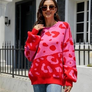 Pink Leopard Ribbed Trim Dropped Shoulder Sweater